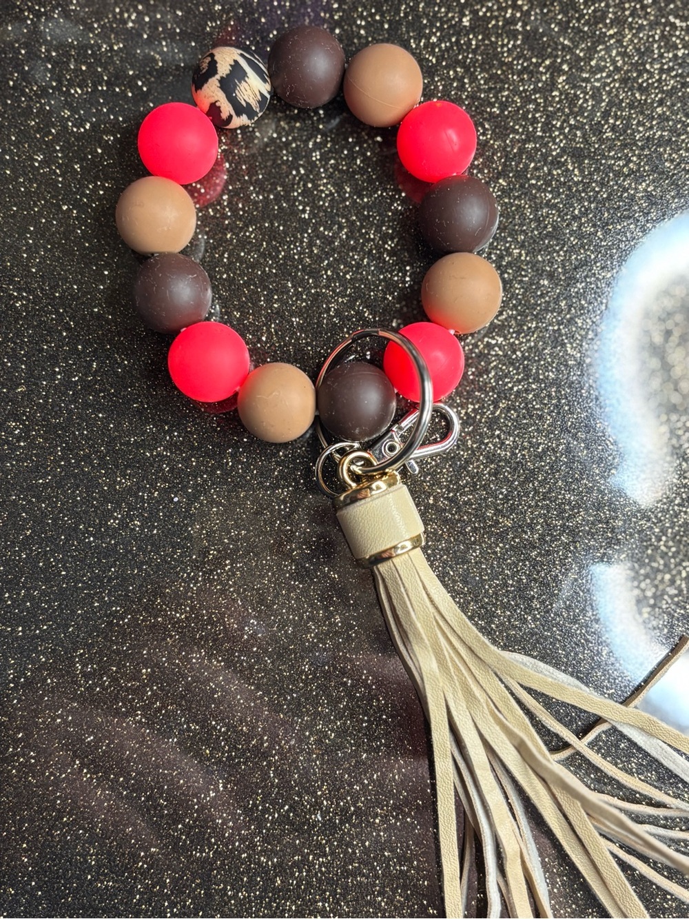 Beaded Tassel Keyring Bracelet - Pink, Brown & Tan